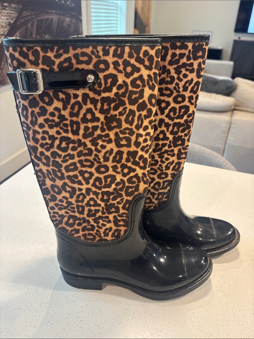 Qupid Leopard Print Tall Rain Boots - Black Glossy Rubber - Size 7